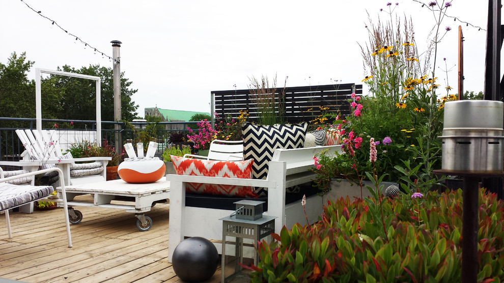 Imagen de terraza actual pequeña sin cubierta en azotea con jardín de macetas