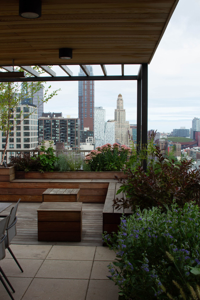 Imagen de terraza actual de tamaño medio en azotea con jardín de macetas y pérgola