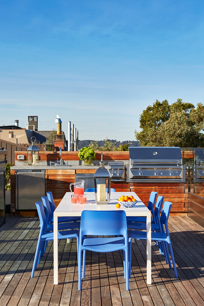 Design ideas for a medium sized contemporary roof rooftop terrace in San Francisco with no cover and a bbq area.