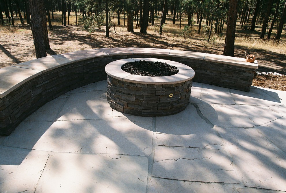 Large elegant backyard deck photo in Denver with a fire pit and no cover