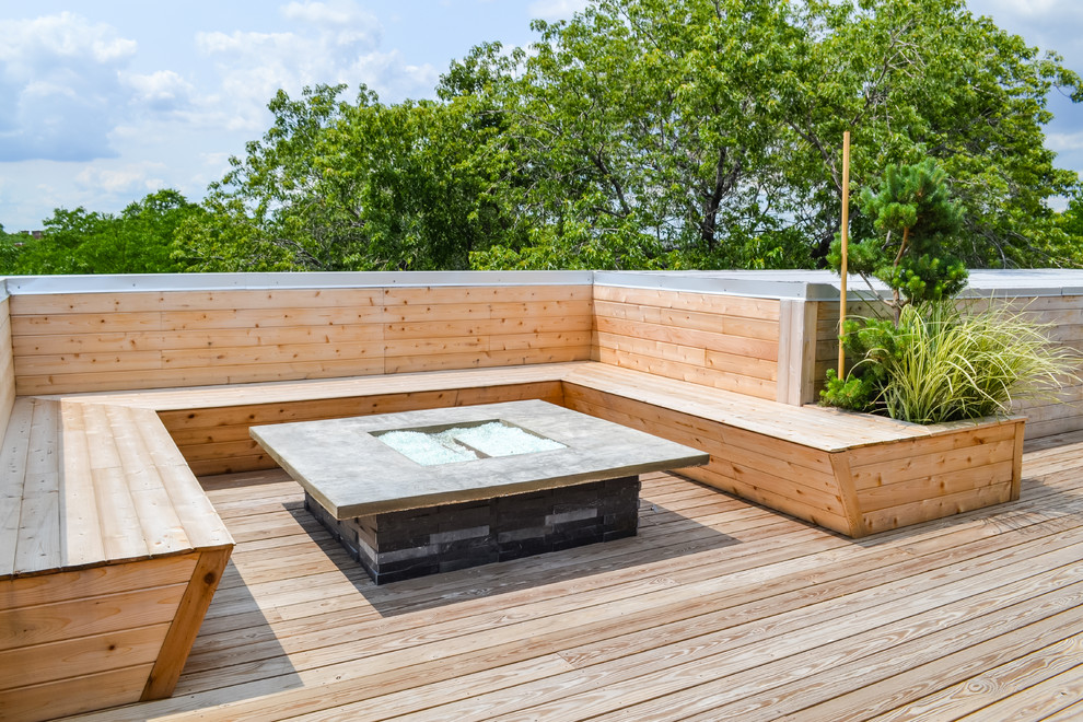 Diseño de terraza contemporánea grande sin cubierta en azotea con brasero