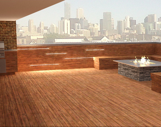 Пример оригинального дизайна: большая терраса на крыше в современном стиле с местом для костра без защиты от солнца