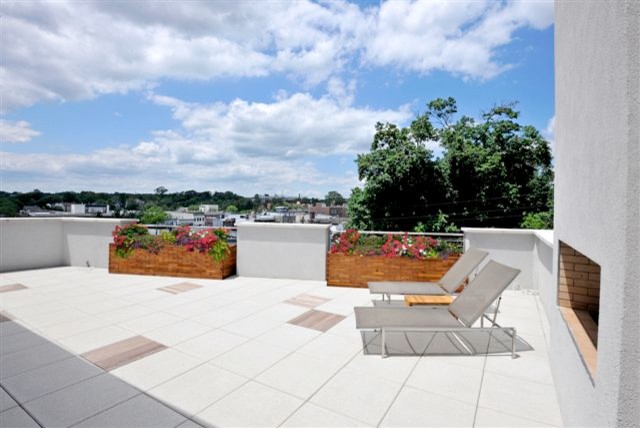 Example of a large trendy rooftop deck design in New York with a roof extension
