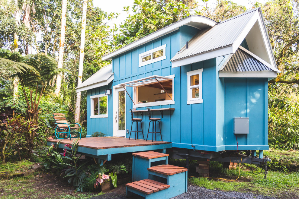 Design ideas for a small nautical side terrace in Hawaii with an outdoor kitchen and an awning.