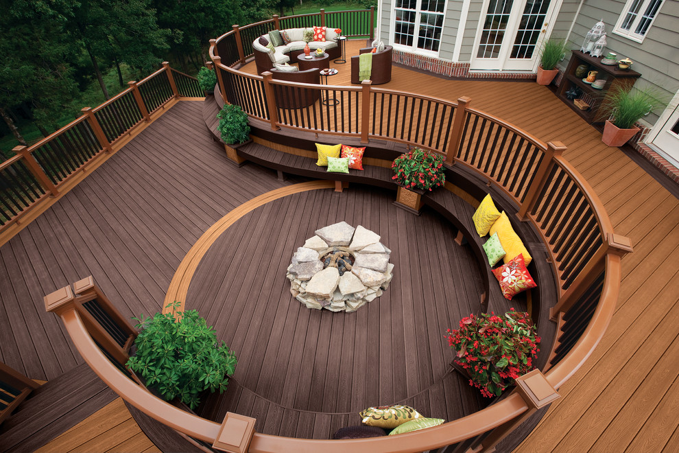 Transitional backyard deck photo in Other with a fire pit and no cover