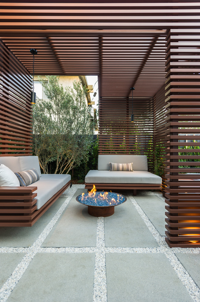 Idée de décoration pour une petite terrasse arrière design avec un foyer extérieur et une pergola.