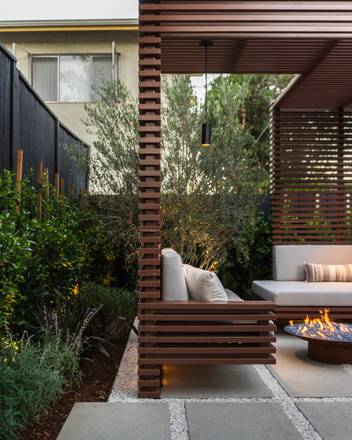Trellis & Firepit Area North View Contemporary Terrace Los Angeles by Kurt Krueger
