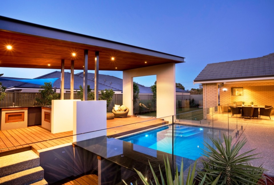 Medium sized contemporary back terrace in Perth with a water feature and a pergola.