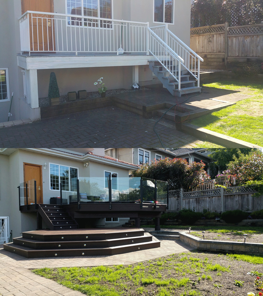Свежая идея для дизайна: большая терраса на заднем дворе в стиле модернизм без защиты от солнца - отличное фото интерьера