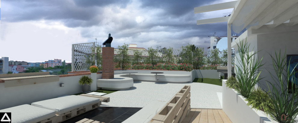 Idee per una grande terrazza minimal sul tetto con un giardino in vaso e una pergola