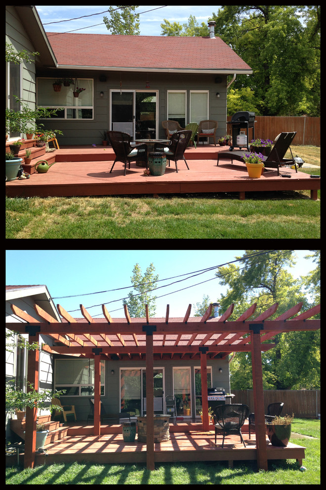 Inspiration for a small back terrace in Denver with a pergola.