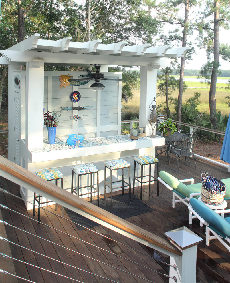 Medium sized nautical back terrace in Charleston with an outdoor kitchen and no cover.
