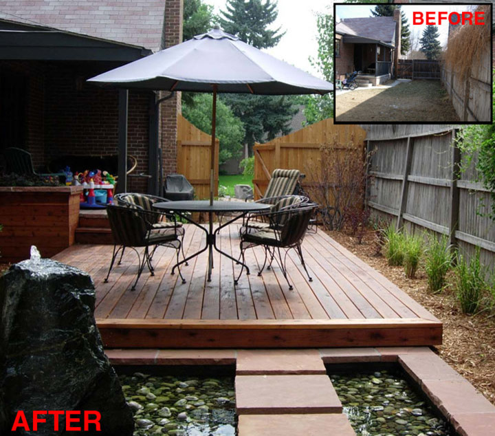 Photo of a medium sized classic back terrace in Denver with a water feature and no cover.