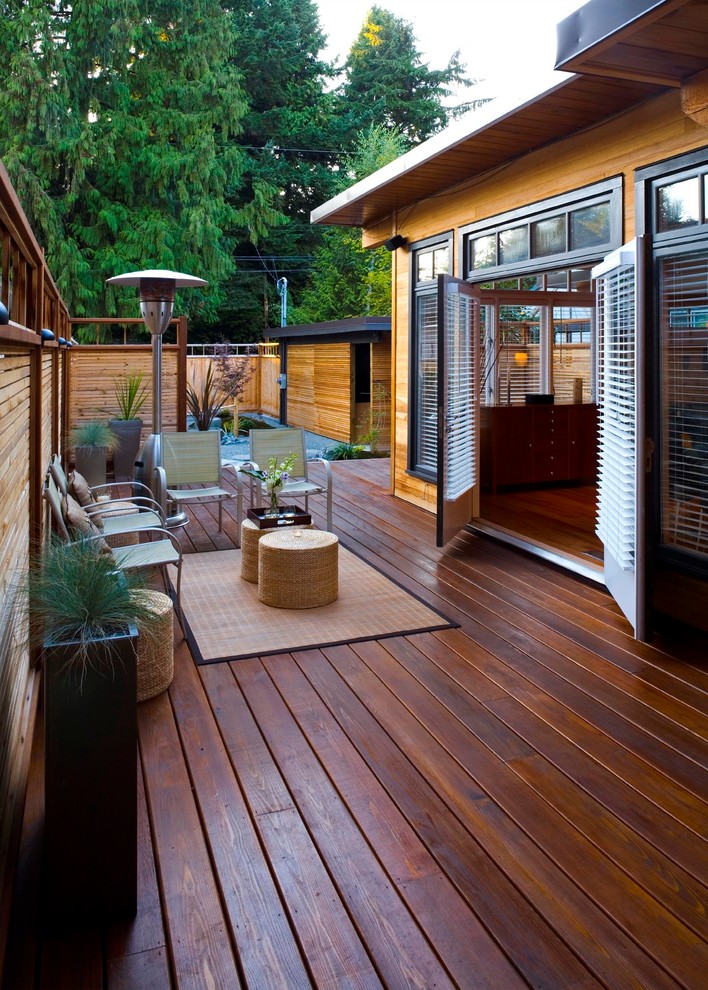Inspiration for a large backyard deck remodel in Vancouver with a fire pit and no cover