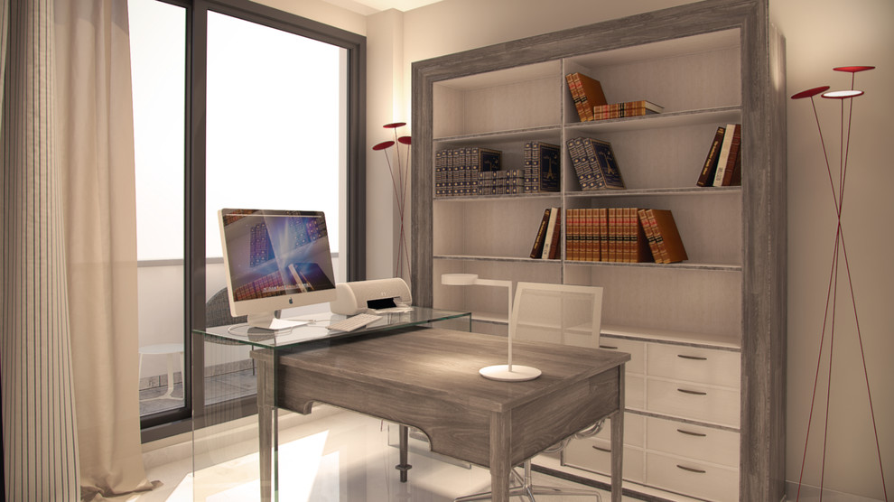 Foto de despacho tradicional renovado de tamaño medio con escritorio independiente, paredes beige y suelo beige