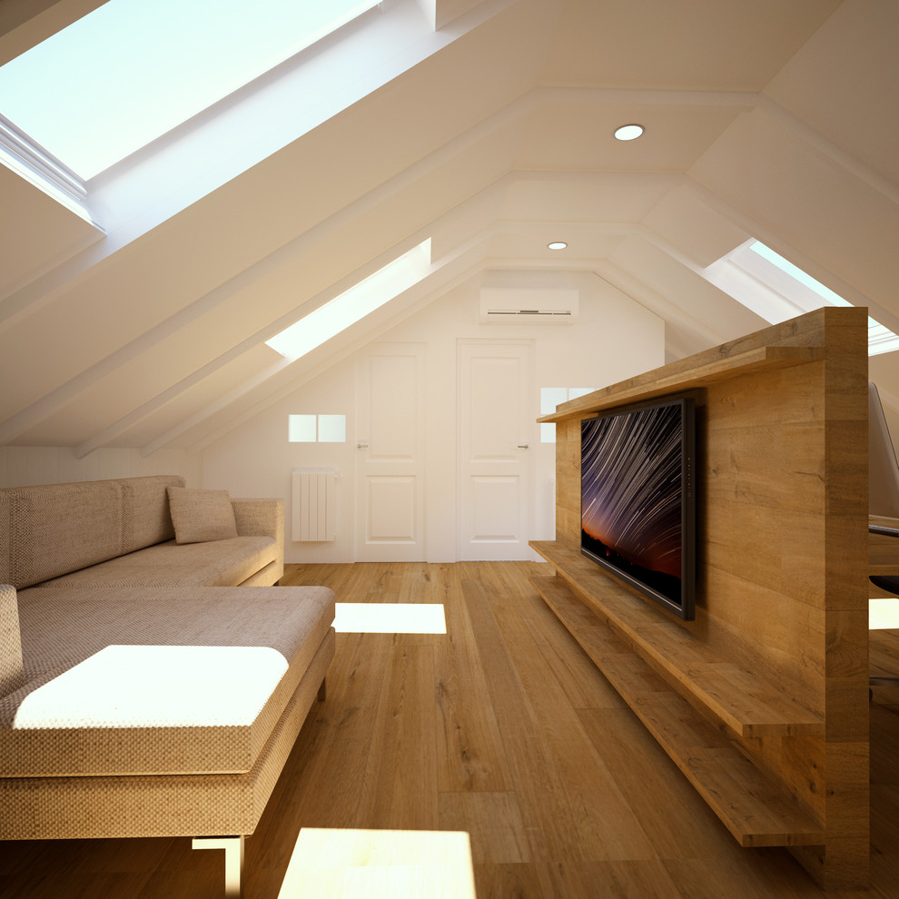 This is an example of a medium sized contemporary study in Madrid with white walls, medium hardwood flooring, a corner fireplace, a metal fireplace surround, a freestanding desk and brown floors.