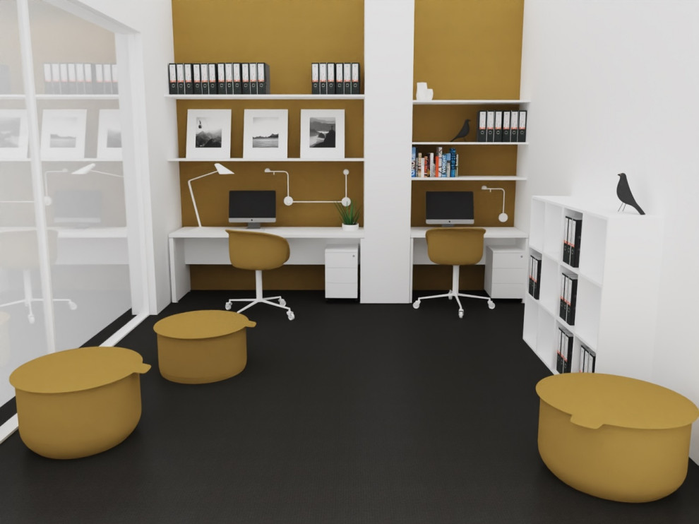 Idées déco pour un petit bureau moderne avec un mur jaune et un bureau indépendant.