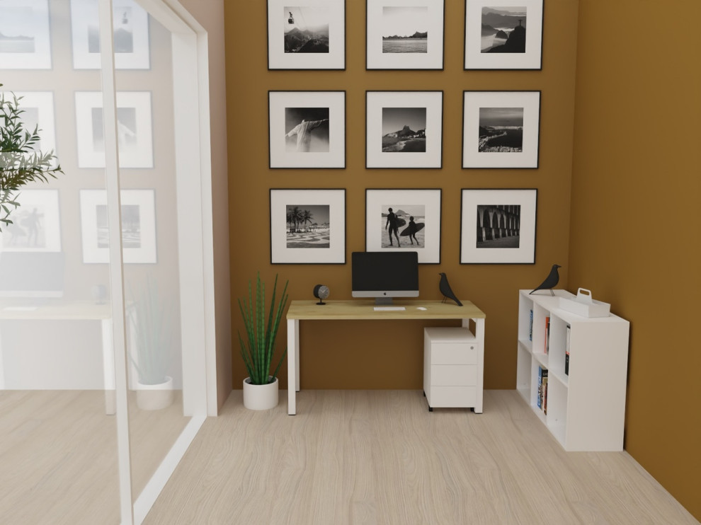 Foto di un piccolo ufficio minimalista con scrivania autoportante