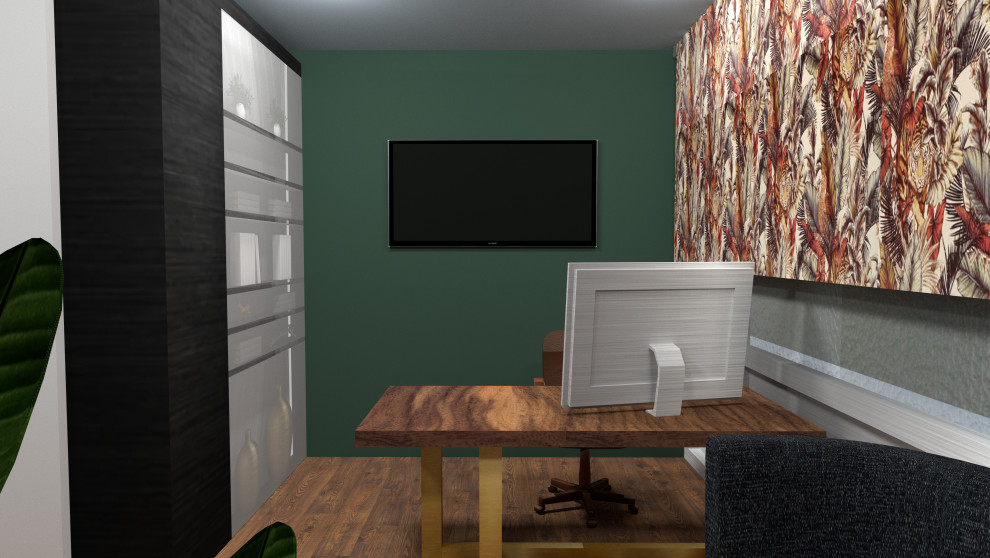 Inspiration för mellanstora moderna arbetsrum, med gröna väggar, mellanmörkt trägolv, ett fristående skrivbord och flerfärgat golv