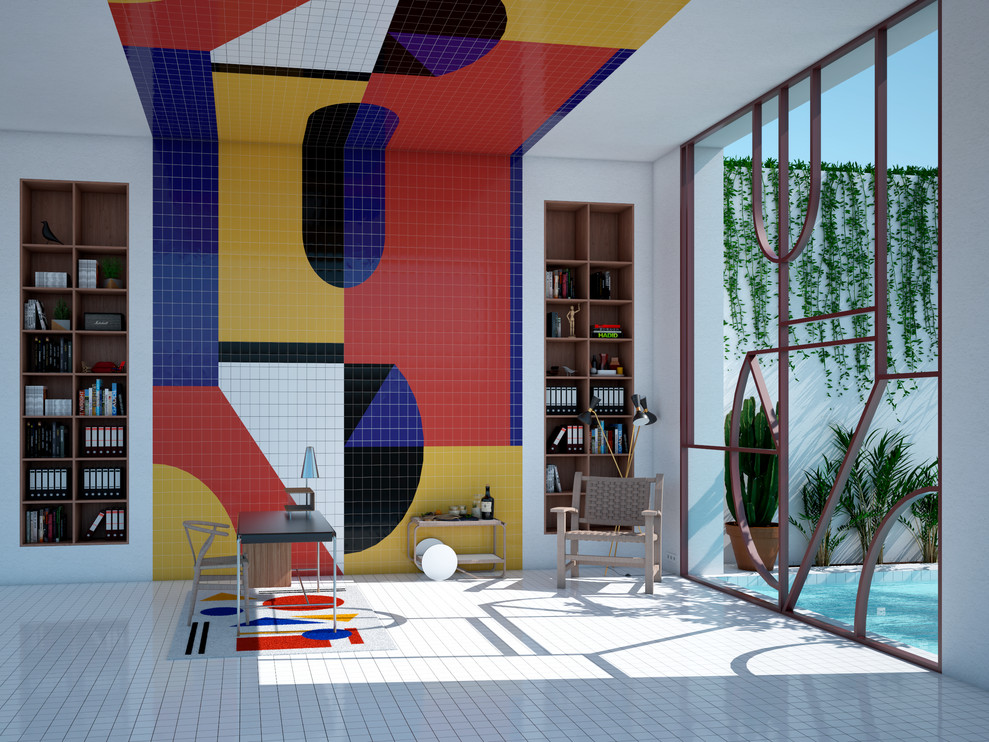 Idee per un grande studio design con libreria, pareti multicolore, pavimento con piastrelle in ceramica, scrivania autoportante e pavimento bianco