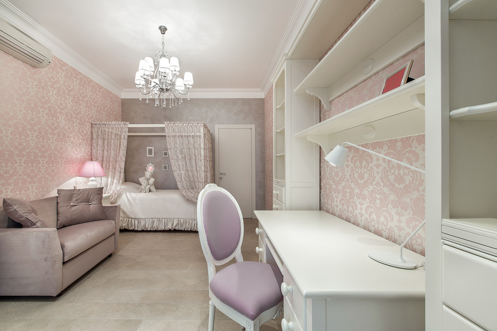 Photo of a traditional children’s room for girls in Other with multi-coloured walls.