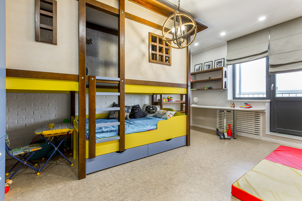 Foto på ett rustikt barnrum kombinerat med sovrum, med vita väggar