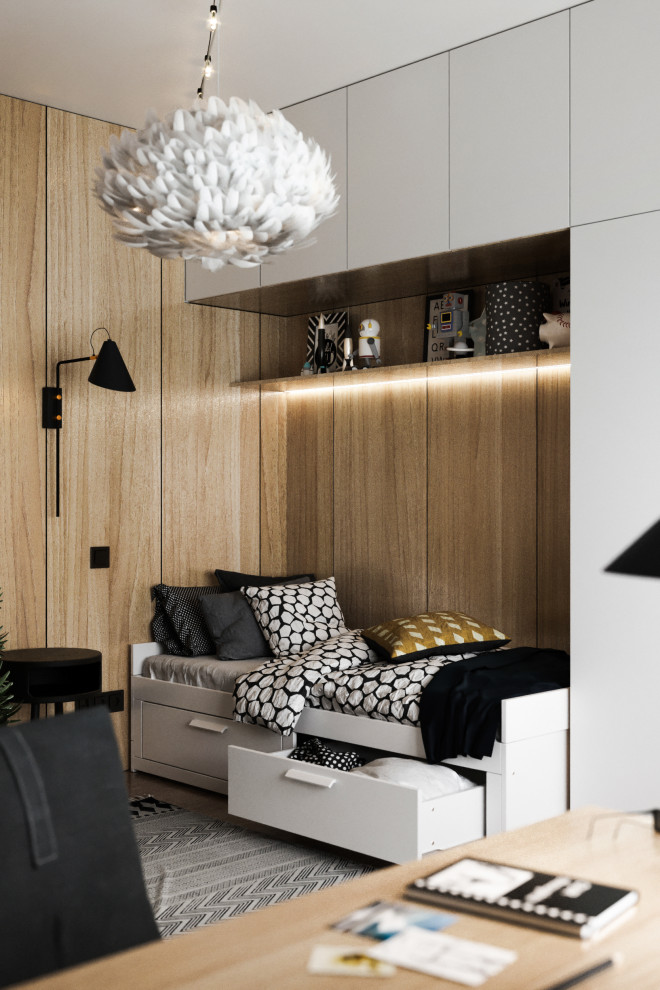 Mittelgroßes Modernes Jungszimmer mit Vinylboden, beigem Boden, Schlafplatz, beiger Wandfarbe und Holzwänden in Sonstige