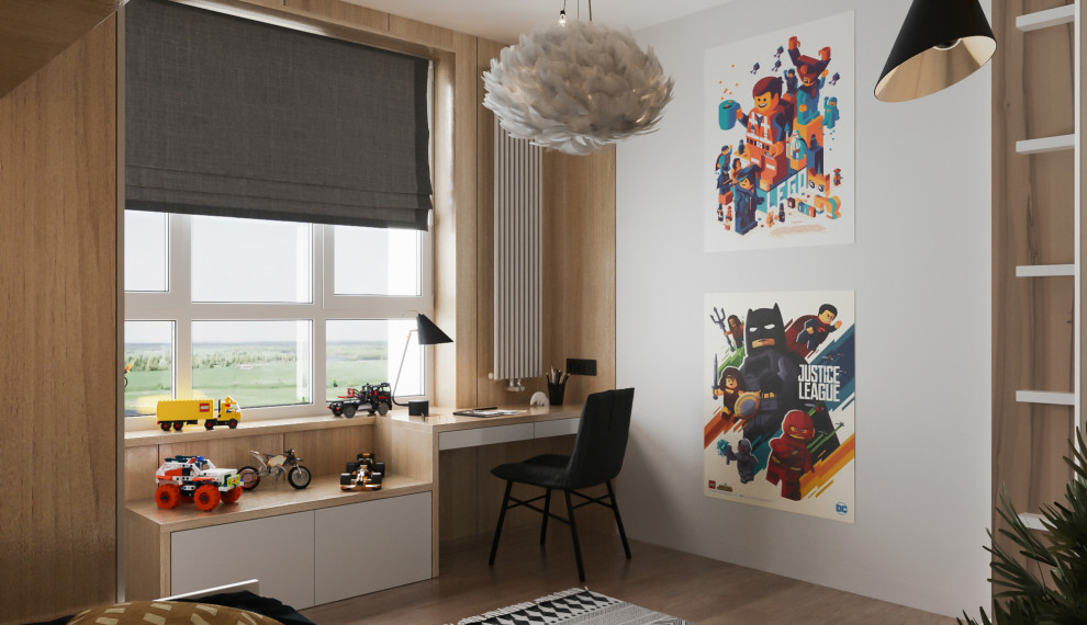 Idéer för ett mellanstort modernt pojkrum kombinerat med skrivbord och för 4-10-åringar, med flerfärgade väggar, vinylgolv och beiget golv