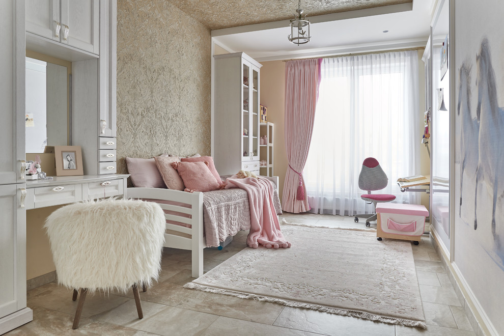 Design ideas for a transitional kids' bedroom for girls in Other with beige walls and beige floor.