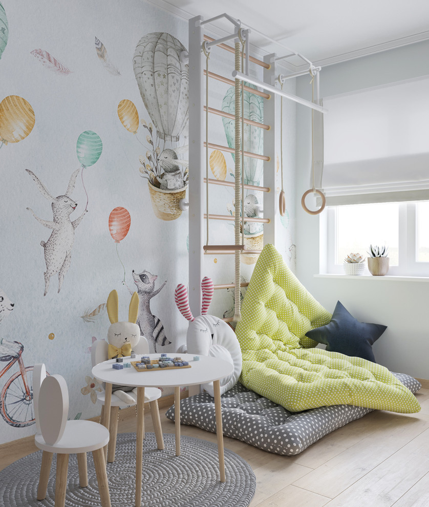 Modelo de dormitorio infantil de 1 a 3 años escandinavo pequeño con suelo laminado, suelo beige y paredes blancas