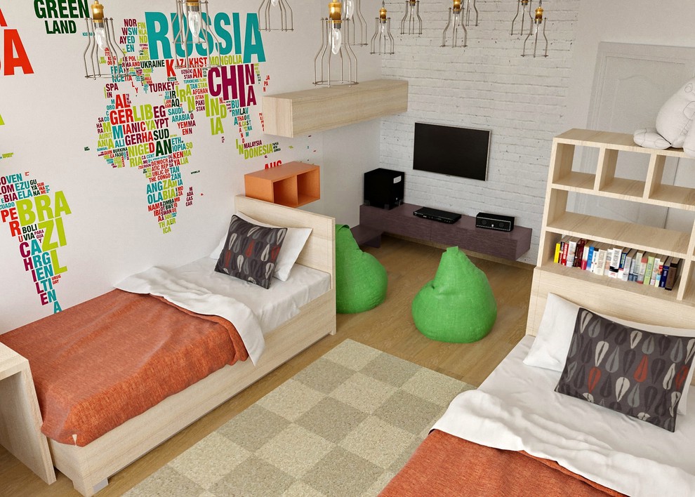 Small contemporary kids' bedroom for boys in Novosibirsk with beige walls, laminate floors and brown floors.