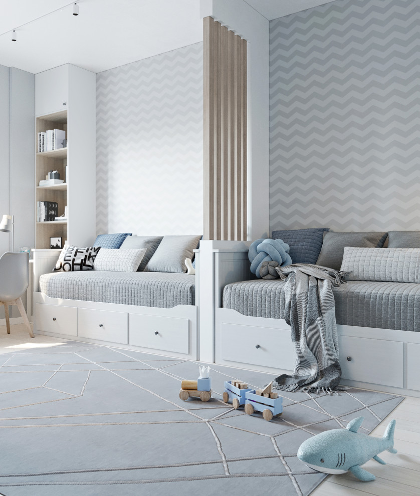 This is an example of a medium sized scandinavian gender neutral children’s room in Other with grey walls, laminate floors and beige floors.