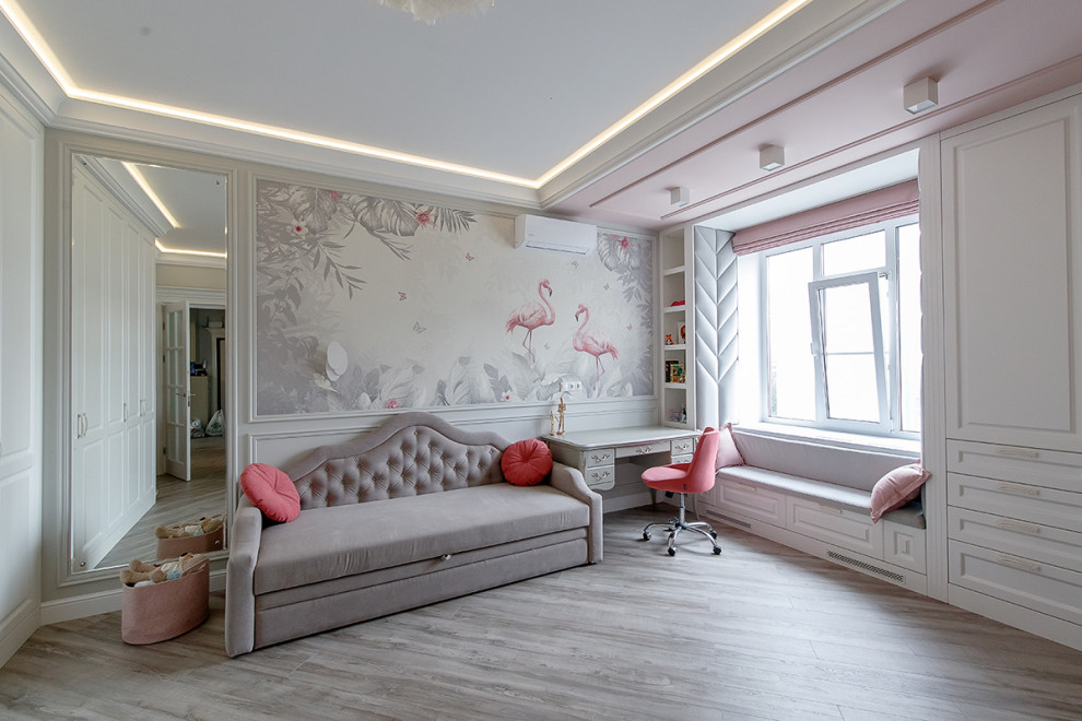 Inspiration för mellanstora klassiska flickrum kombinerat med sovrum och för 4-10-åringar, med grå väggar, laminatgolv och grått golv