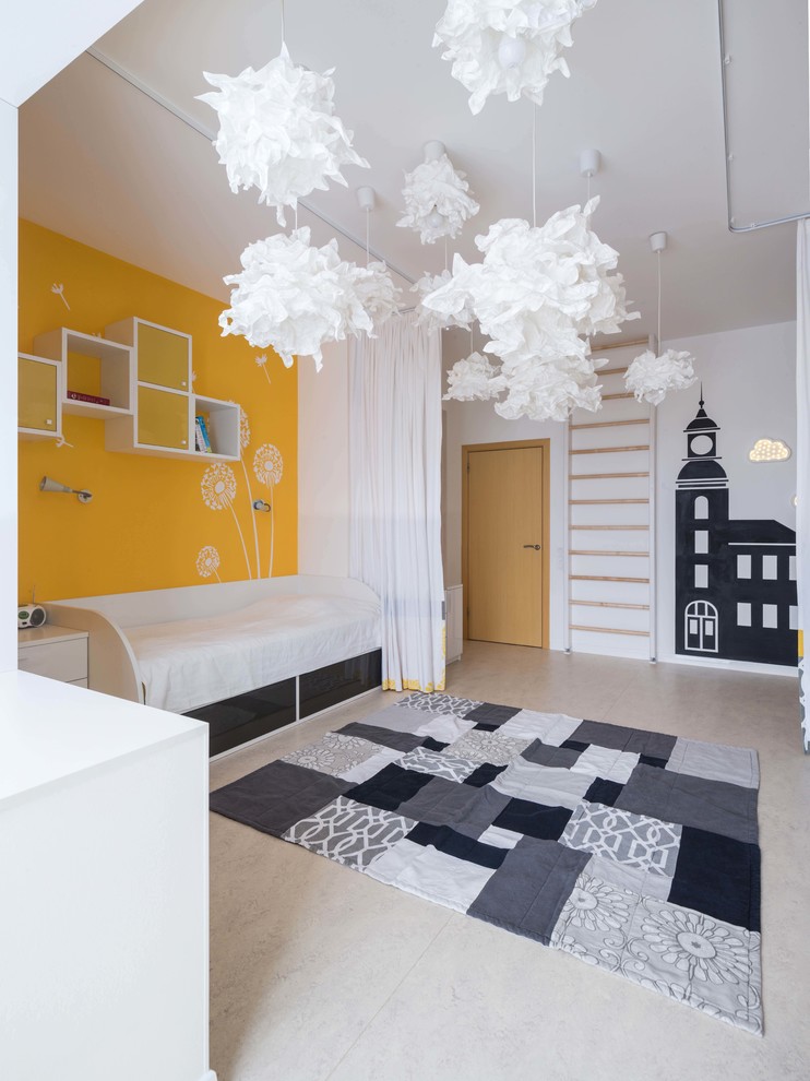 Идея дизайна: нейтральная детская среднего размера в современном стиле с спальным местом и разноцветными стенами для ребенка от 4 до 10 лет