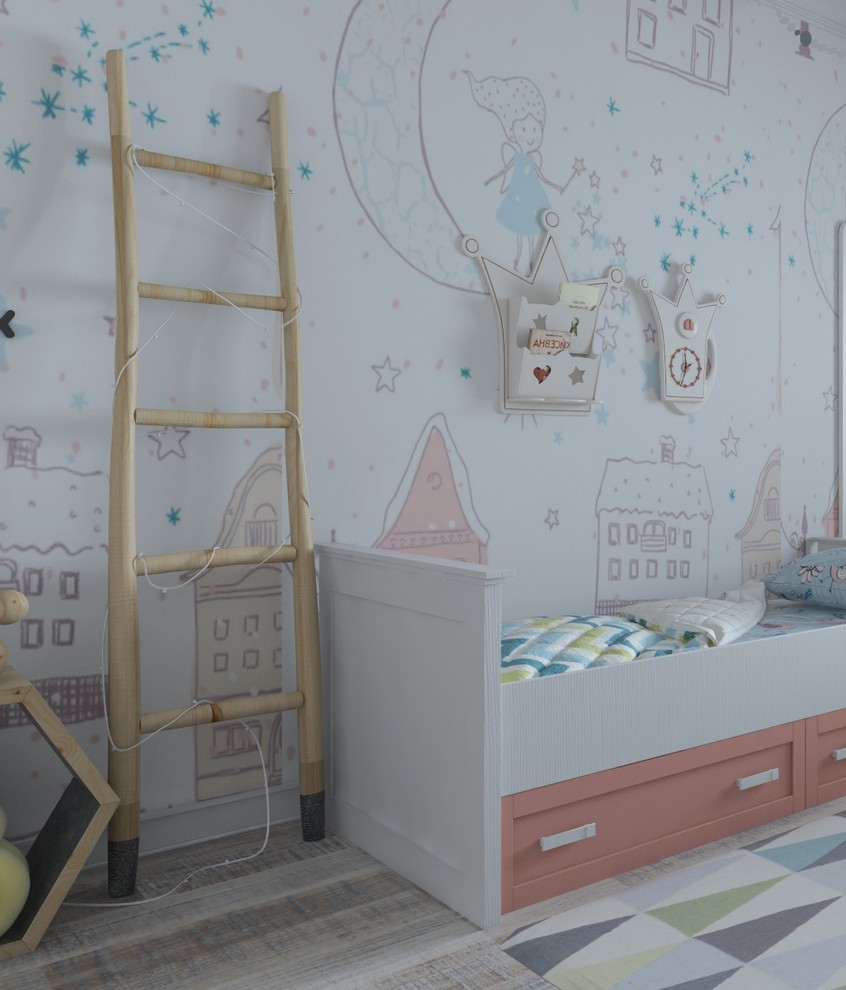 На фото: детская среднего размера в современном стиле с спальным местом, розовыми стенами, светлым паркетным полом и серым полом для ребенка от 4 до 10 лет, девочки с