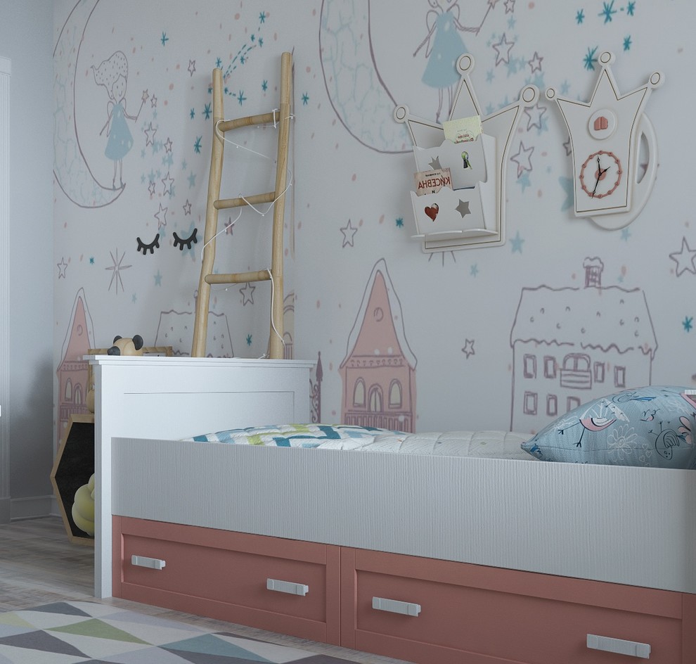 Пример оригинального дизайна: детская среднего размера в современном стиле с спальным местом, белыми стенами, светлым паркетным полом и серым полом для ребенка от 4 до 10 лет, девочки