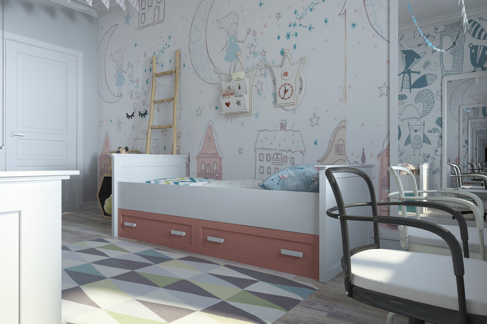 Cette image montre une chambre d'enfant de 4 à 10 ans design de taille moyenne avec un mur orange, parquet clair et un sol gris.