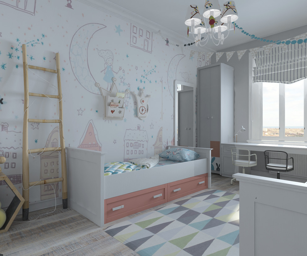 Kids' room - mid-sized contemporary girl light wood floor and gray floor kids' room idea in Saint Petersburg with orange walls