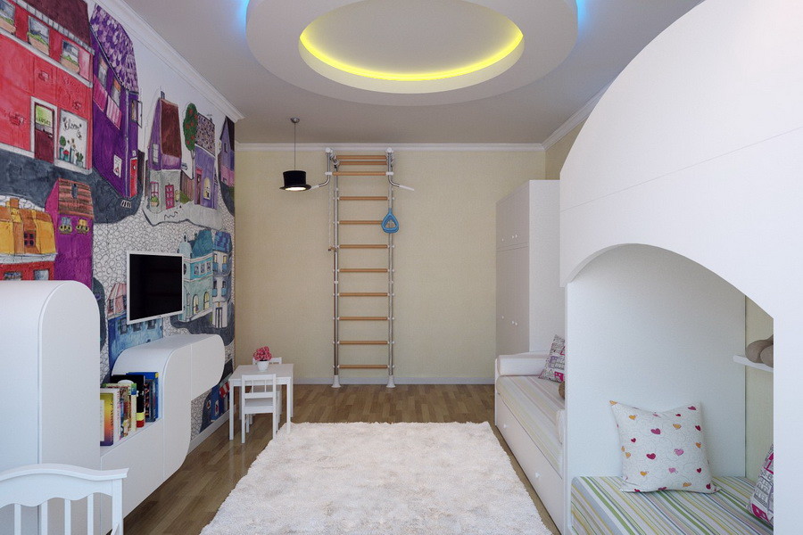 Inspiration for a medium sized contemporary gender neutral kids' bedroom in Other with light hardwood flooring and multi-coloured walls.