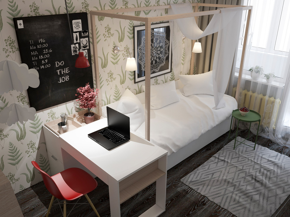 Ispirazione per una cameretta per bambini nordica di medie dimensioni con pareti bianche, pavimento in laminato e pavimento nero