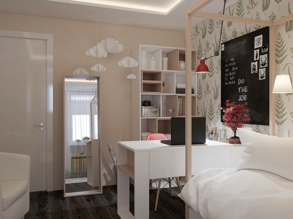Diseño de dormitorio infantil escandinavo de tamaño medio con paredes blancas, suelo laminado y suelo negro