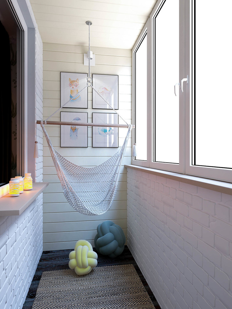 Idee per una cameretta per bambini scandinava di medie dimensioni con pareti bianche, pavimento in laminato e pavimento nero