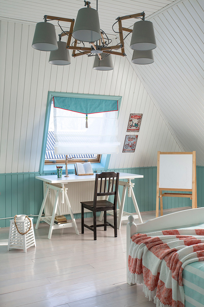 Farmhouse girl painted wood floor kids' room photo in Moscow with blue walls