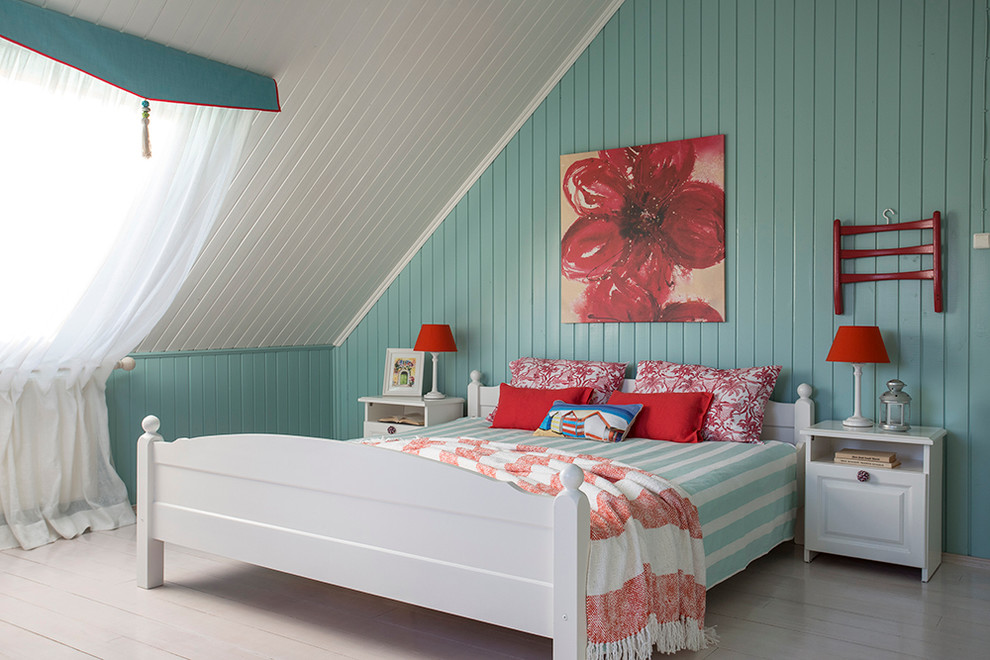 Inspiration for a farmhouse children’s room for girls in Moscow with blue walls and painted wood flooring.