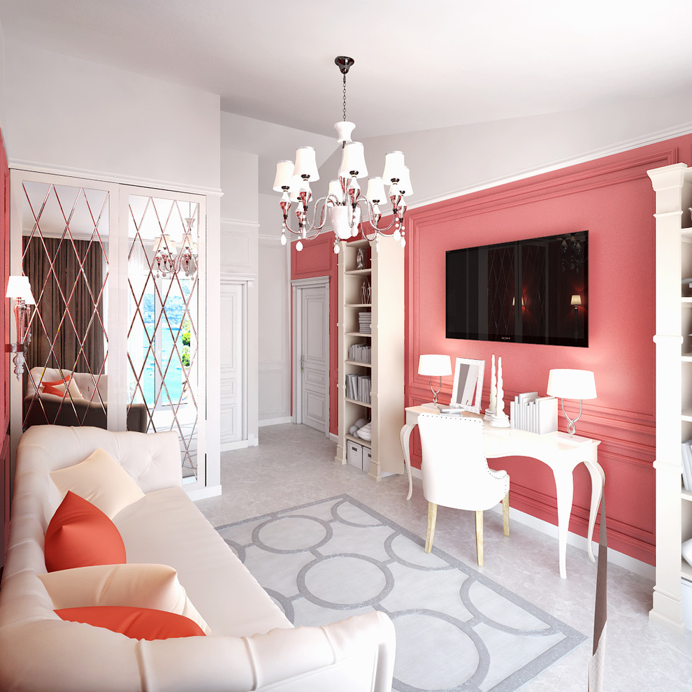 Ispirazione per una cameretta per bambini da 4 a 10 anni tradizionale di medie dimensioni con pareti arancioni, pavimento in marmo e pavimento bianco