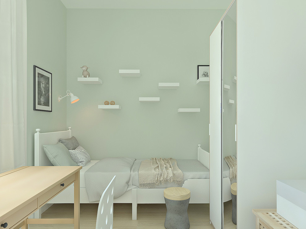 Foto på ett litet minimalistiskt könsneutralt tonårsrum, med gröna väggar och laminatgolv