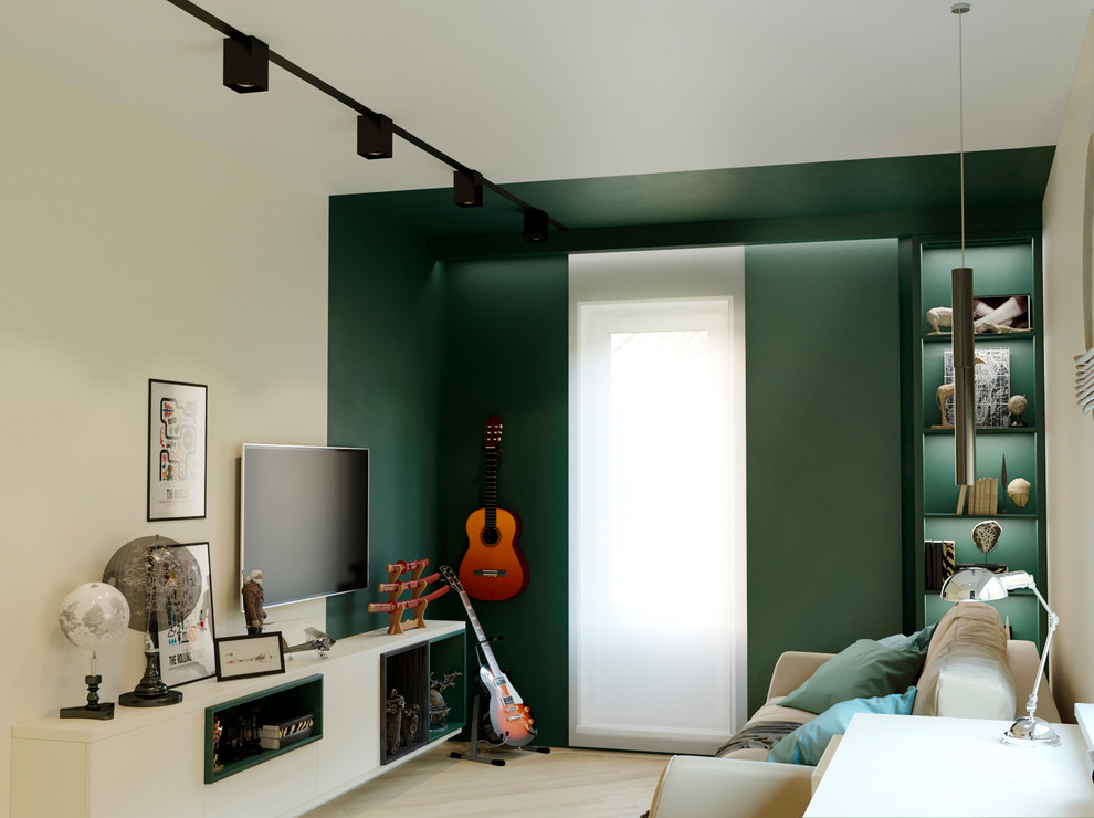 Inspiration för moderna tonårsrum, med gröna väggar och laminatgolv