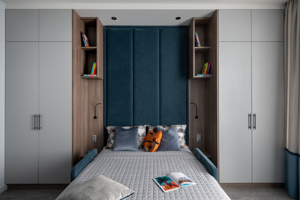 Источник вдохновения для домашнего уюта: большая детская в современном стиле с серыми стенами, полом из ламината и серым полом