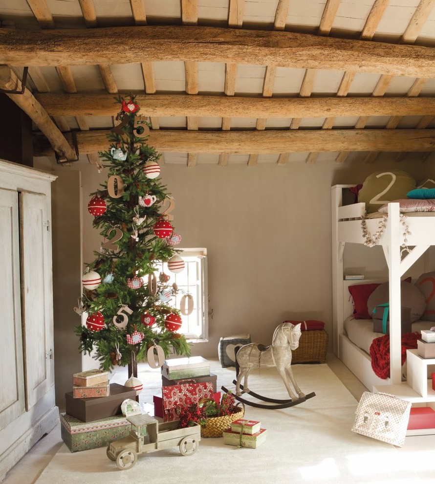 Kids' room - rustic girl kids' room idea in Moscow with brown walls