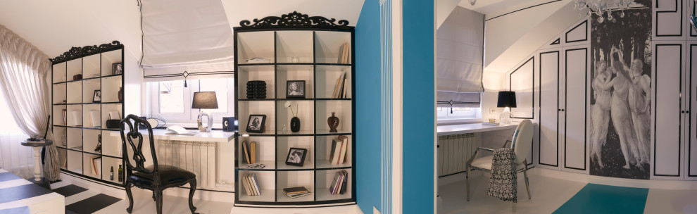 Aménagement d'une petite chambre d'enfant contemporaine avec un bureau, un mur gris, un sol en linoléum et un sol blanc.